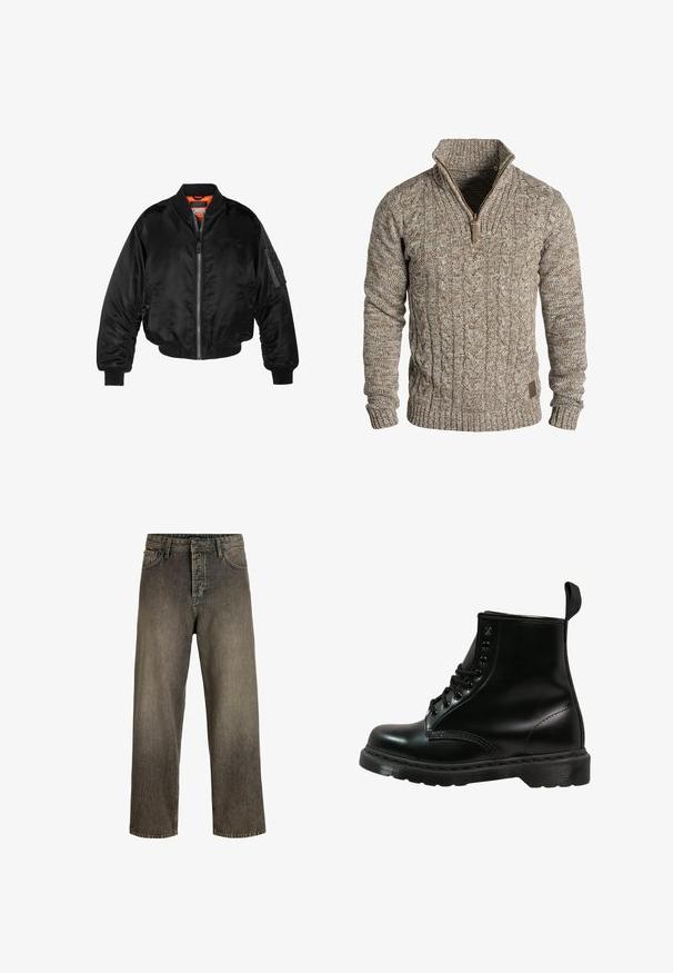 Fekete bomberdzseki fényes nylonból, bordás mandzsettákkal, cipzáros elülső résszel és narancssárga béléssel. Ujján cipzáras zseb található.; Barna kötött pulóver, cipzáras nyakkal, bordás mandzsettával és aljjal, texturált fonallal és egy kis bőr logó címkével az alján.; Sötétszürke, bő Szárú farmernadrág, elhalványult felülettel, öt zsebes kialakítással, gombos záródással és övhurkokkal. Tartós denim anyagból készült.; Fekete bőrcipő kerek orral, fűzős kialakítással, hat fűzőlyukkal és texturált gumitalppal. Hátsó részén húzófül található.