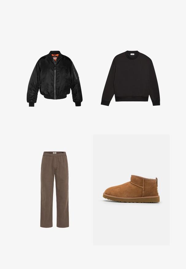 Giubbotto bomber nero realizzato in nylon lucido, con polsini a costine, chiusura con zip frontale e fodera arancione. Presenta una tasca con zip sulla manica.; Felpa nera realizzata in tessuto testurizzato, con colletto a girocollo, maniche lunghe e polsini e orlo a coste. Design minimalista senza motivi.; Pantaloni marroni in cotone con vestibilità rilassata, vita elastica e gambe dritte. Presentano un patta frontale per un look casual.; Stivaletto in camoscio color tan con punta rotonda, dettagli di cucitura discreti e suola in gomma texture. Altezza ridotta senza lacci.