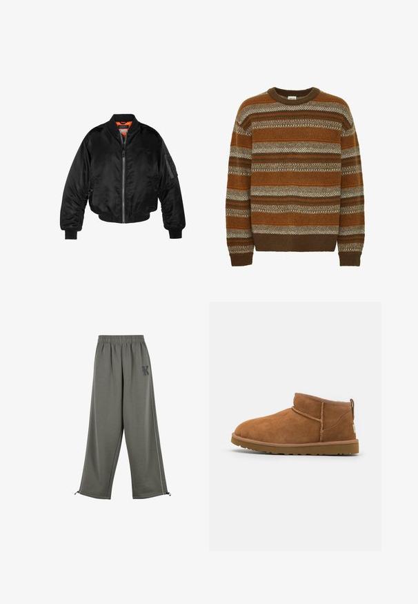 Juodas bomberio tipo švarkas, pagamintas iš blizgaus nailono audinio su lygiomis rankovėmis, užtrauktuku priekyje ir oranžine pamušalu. Su užtrauktuko kišene ant rankovės.; Solid SDMAXWELL - Džemperis - slate black; Karl Kani KK OS SIDESTRIPE - Kelnės - grey; Šviesiai rudos nubuko aulinukai iki kulkšnies su apvaliu pirštu, subtiliomis siuvimo detalėmis ir tekstūruota guma padanga. Žemas aukštis be raištelių.