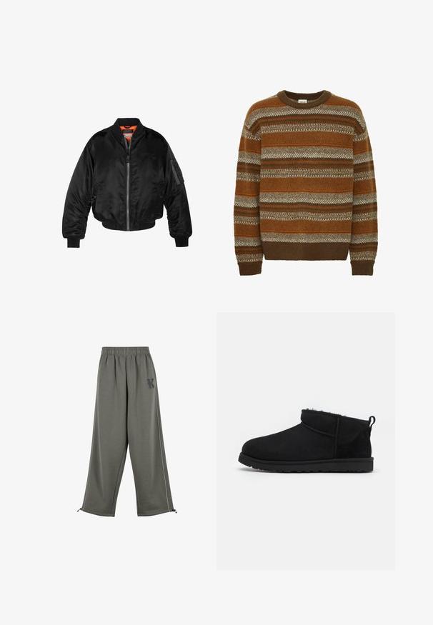 Must noirist bomber-jakk, mis on valmistatud läikivast nailonist kangast, ribikätistega, lukk ees ja oranž vooder. Omab lukuga taskut varruka peal.; Solid SDMAXWELL - Džemper - slate black; Karl Kani KK OS SIDESTRIPE - Püksid - grey; Mustad nahkkingad pehme tekstuuriga voodriga, madala profiiliga kummitald ja tagaküljel tõmblukk mugavaks selga panemiseks.