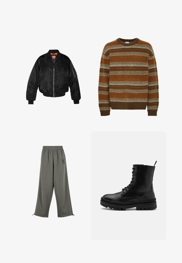 Veste bombardier noire en nylon brillant avec des poignets côtelés, un zip sur le devant et une doublure orange. Dotée d'une poche zippée sur la manche.; Solid SDMAXWELL - Pullover - slate black; Karl Kani KK OS SIDESTRIPE - Pantalon classique - grey; Bottines en cuir noir à bout arrondi, avec un laçage à l'avant et une semelle en caoutchouc épaisse dotée d'accents striés.