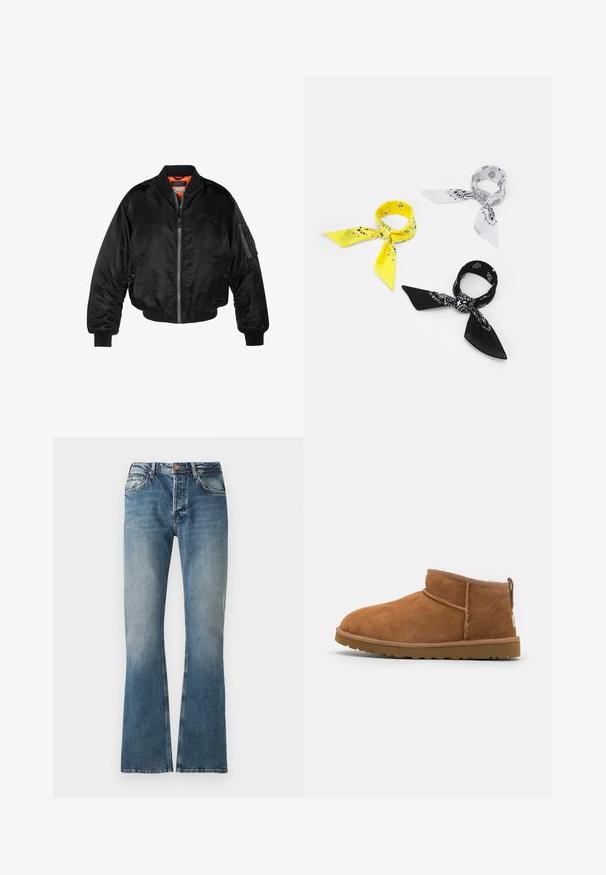 Jachetă bomber neagră dintr-un material nylon lucios, cu manșete ribbed, deschidere cu fermoar și căptușeală portocalie. Prezintă o buzunare cu fermoar pe mânecă.; Solid SDMAXWELL - Pulover - slate black; Blugi din denim albastru cu un efect de estompare, croi dreaptă, închidere cu buton și fermoar, și design cu cinci buzunare.; Botină antrenașă din suede bej, cu vârf rotund, detalii subtile de cusătură și o talpă din cauciuc texturată. Înălțime scurtă fără șireturi.; Trei batiste: una galbenă cu motive negre, una albă cu desene negre și una neagră cu grafică albă. Toate sunt pătrate, dintr-un material ușor.