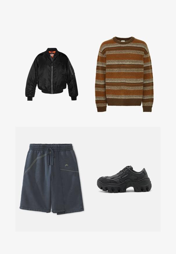 Svart bomberjakke laget av blank nylonstoff med ribbede mansjetter, glidelås foran og oransjefôr. Har en glidelåslomme på ermet.; Solid SDMAXWELL - Strikkegenser - slate black; Mørkegrå shorts laget av bomullsblanding, med elastisk midje, snor, sidelommer og gule sømdetaljer.; Svart chunky sneaker med tykk såle, teksturerte sidedele, snøring foran og merkevarenavn "ROMBAUT" på sidepanelet.