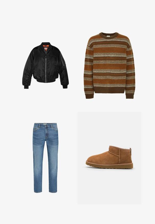 Jachetă bomber neagră dintr-un material nylon lucios, cu manșete ribbed, deschidere cu fermoar și căptușeală portocalie. Prezintă o buzunare cu fermoar pe mânecă.; Solid SDMAXWELL - Pulover - slate black; Jeans din denim de un albastru deschis, cu un design clasic cu picioare drepte, având cinci buzunare, închidere cu buton metalic și o ușoară decolorare a țesăturii.; Botină antrenașă din suede bej, cu vârf rotund, detalii subtile de cusătură și o talpă din cauciuc texturată. Înălțime scurtă fără șireturi.