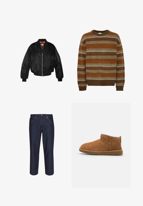 Juodas bomberio tipo švarkas, pagamintas iš blizgaus nailono audinio su lygiomis rankovėmis, užtrauktuku priekyje ir oranžine pamušalu. Su užtrauktuko kišene ant rankovės.; Solid SDMAXWELL - Džemperis - slate black; Tamsiai mėlynos džinsinės kelnės su tiesiu kirpimu, su kontrastingais oranžiniais siūlės, penkiais kišenėmis ir priekiniais mygtukais.; Šviesiai rudos nubuko aulinukai iki kulkšnies su apvaliu pirštu, subtiliomis siuvimo detalėmis ir tekstūruota guma padanga. Žemas aukštis be raištelių.