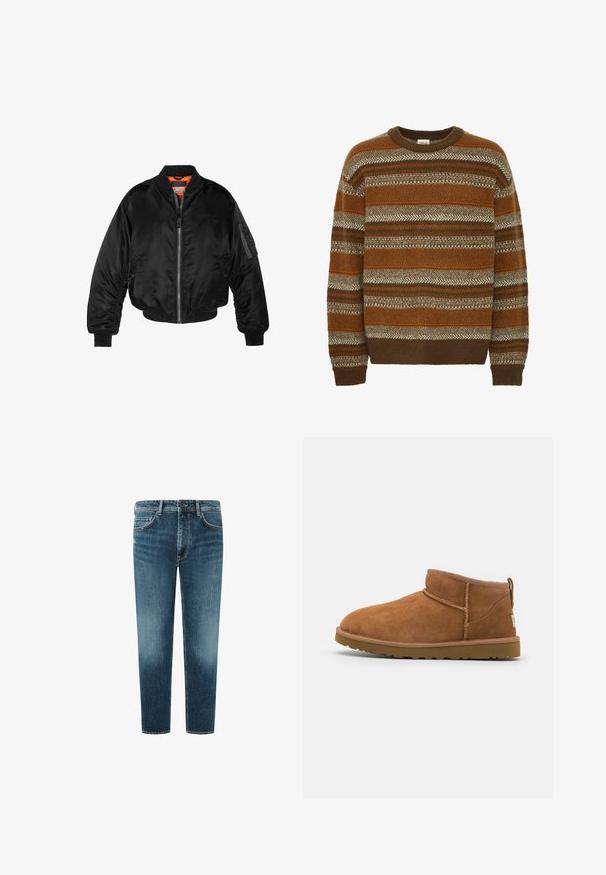 Crna bomberska jakna izrađena od sjajnog najlonskog materijala s rebrastim manžetama, prednjim zatvaračem i narančastim podstavom. Ima zip džep na rukavu.; Solid SDMAXWELL - Vesta - slate black; Traperice od srednje plave boje, ravnog kroja, s pet džepova i kontrastnim šavovima. Čist završetak na rubu.; Tamnasti antilop čizme do gležnja s zaobljenim vrhom, suptilnim detaljima šivanja i teksturiranom gumom potplatom. Niska visina bez pertli.