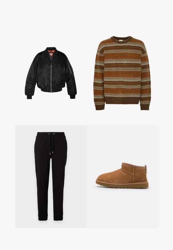 Svart bomberjakke laget av blank nylonstoff med ribbede mansjetter, glidelås foran og oransjefôr. Har en glidelåslomme på ermet.; Solid SDMAXWELL - Strikkegenser - slate black; Sorte joggebukser laget av myk stoff, med elastisk midjebånd med snor, sidelommer og samlet mansjetter ved ankler.; Tan semsket ankelstøvel med rund tå, subtile stikninger og en teksturert gummisåle. Kort høyde uten snøring.