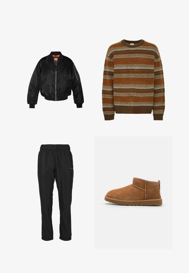 Musta pommittaja-takki, joka on valmistettu kiiltävästä nailonista, ribbettyistä hihansuista, vetoketjukiinnityksestä ja oranssista vuorauksesta. Takissa on vetoketjullinen tasku hihassa.; Solid SDMAXWELL - Neule - slate black; Endurance Housut - black; Vaaleanruskeat mokkasaappaat nilkkapituiset, joissa on pyöristetty kärki, hienovaraiset ommeltydet ja teksturoitu kumipohja. Lyhyt malli ilman nauhoja.