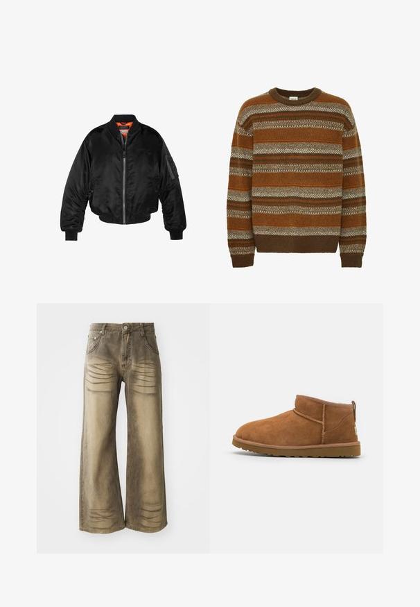 Chaqueta bomber negra hecha de tejido de nailon brillante con puños de canalé, cierre de cremallera en el frente y un forro naranja. Cuenta con un bolsillo con cremallera en la manga.; Solid SDMAXWELL - Jersey de punto - slate black; Jeans de pierna ancha en un color marrón claro desgastado, con detalles de arrugas, cierre de botón y diseño de cinco bolsillos. Textura de denim suave.; Bota de tobillo de ante de color marrón claro con punta redondeada, detalles de costura sutiles y una suela de goma texturizada. Altura corta sin cordones.