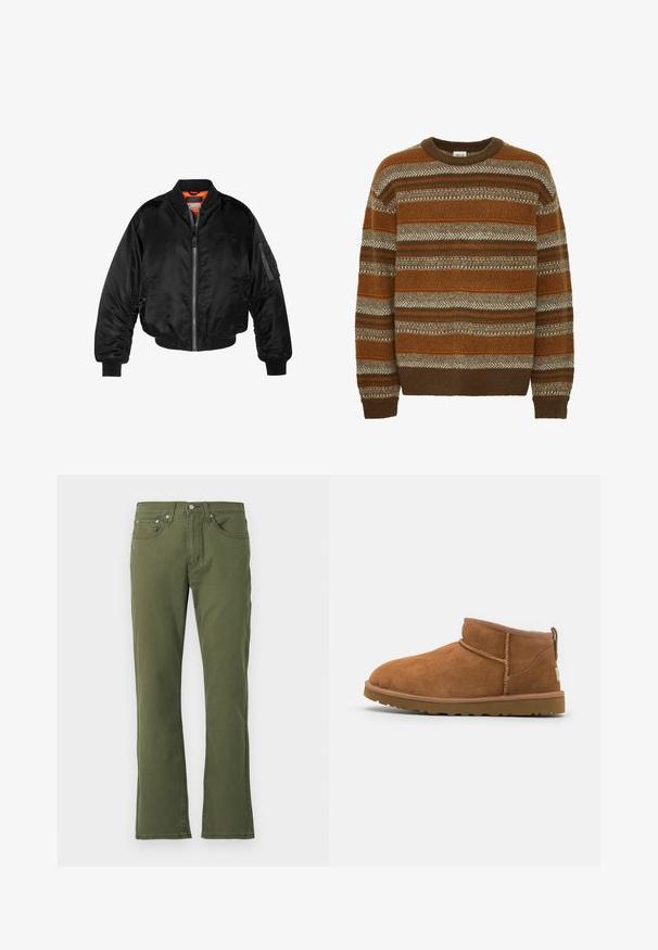 Melna bomber jaka, izgatavota no spīdīgas neilona auduma, ar ribotām aprocēm, ar rāvējslēdzēju priekšā un oranžu odere. Iespēja ir rāvējslēdzēja kabata uz piedurknes.; Solid SDMAXWELL - Džemperis - slate black; Olīvu zaļas zvana formas džinses, izgatavotas no kokvilnas ar gludu tekstūru; tām ir piecas kabatas, pogu aizdare un smalkas šuvju detaļas.; Bēša zamšas potītes zābaks ar noapaļotu purngalu, smalkiem diegu dekorējumiem un teksturētu gumijas zoli. Īsa augstuma bez auklām.