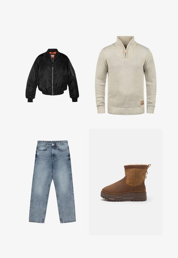 Giubbotto bomber nero realizzato in nylon lucido, con polsini a costine, chiusura con zip frontale e fodera arancione. Presenta una tasca con zip sulla manica.; Maglione a maglia beige con colletto a mezza zip, polsini e orlo rigati. Presenta un motivo testurizzato sul colletto e una piccola etichetta con logo.; Jeans in denim azzurro chiaro con taglio a gamba dritta, cuciture visibili, design a cinque tasche e chiusura a bottoni in vita.; Stivaletti ankle in suede marrone con un morbido rivestimento in pelliccia, suola in gomma robusta e anelli laterali decorativi per una facile calzata. Finitura testurizzata sulla parte superiore.