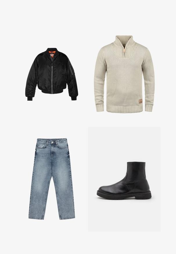 Svart bomberjakke laget av blank nylonstoff med ribbede mansjetter, glidelås foran og oransjefôr. Har en glidelåslomme på ermet.; Beige strikkegenser med halv-zip krage, ribbestrikkede mansjetter og nederkant. Har teksturert mønster på kragen og et lite logomerke.; Lys blå denimjeans med rett benkutt, synlige sømmer, fem lommers design og knappelukking i livet.; Sorte lær ankle boots med en glat tekstur, rund tå og elastiske sideløsninger; kraftig gummisål for ekstra holdbarhed.