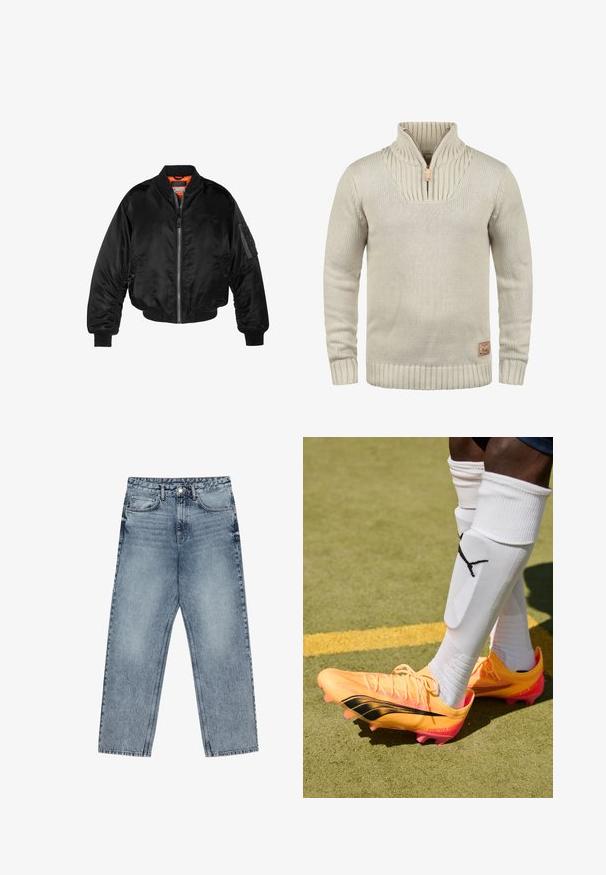 Black bomber jacket made of shiny nylon fabric with ribbed cuffs, a zip front, and an orange lining. Features a zip pocket on the sleeve.; Beige knit sweater with a half-zip collar, ribbed cuffs and hem. Features textured pattern on the collar and a small logo patch.; Light blue denim jeans with a straight leg cut, visible stitching, five pocket design, and a button closure at the waist.; Bright orange soccer cleats with black accents, textured upper, and pink studded soles. White socks with a black logo are worn above.
