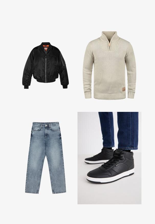 Juodas bomberio tipo švarkas, pagamintas iš blizgaus nailono audinio su lygiomis rankovėmis, užtrauktuku priekyje ir oranžine pamušalu. Su užtrauktuko kišene ant rankovės.; Pienas mezgimo megztinis su pusiau užtrauktuku, glotniomis rankogaliais ir apatine dalimi. Yra tekstūruotas raštas ant apykaklės ir mažas logotipo petchas.; Šviesiai mėlynos džinsinės kelnės su tiesiu kelnės siluetu, matomomis siūlėmis, penkių kišenių dizainu ir mygtuko uždarymu juosmens srityje.; Juodos aukštos kedai pagaminti iš tekstūruoto odos, su juodais raiščiais, balta guma padais ir mažai logotipu šone.