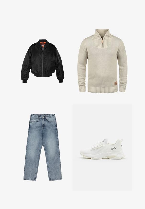 Zwarte bomberjack gemaakt van glanzende nylon stof met ribbelmanchetten, een ritssluiting aan de voorkant en een oranje voering. Bevat een ritssluiting zak op de mouw.; Beige gebreide trui met een half-rits kraag, geribbelde manchetten en zoom. Heeft een gestructureerd patroon op de kraag en een klein logo op het patch.; Lichtblauwe denim jeans met een rechte pijp, zichtbare stiksels, vijf zakken en een knoopsluiting in de taille.; Steve Madden MACDAD - Sneakers laag - white