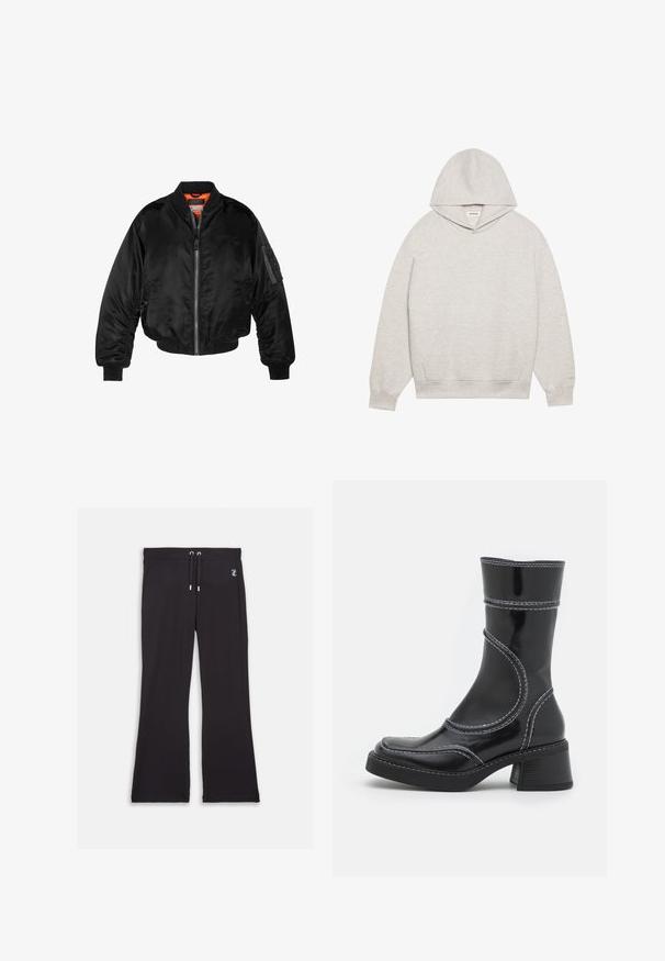 Fekete bomberdzseki fényes nylonból, bordás mandzsettákkal, cipzáros elülső résszel és narancssárga béléssel. Ujján cipzáras zseb található.; Világosszürke kapucnis pulcsi, puha anyagból készült, elöl kenguru zsebbel, állítható kapucnival, valamint bordázott mandzsettákkal és alsó szegéllyel.; Fekete, bővülő fazonú melegítőnadrág, puha anyagból készült, húzózsinóros derékbőséggel és egy kis logó részlettel a derékvonal közelében.; Fekete lakkbőr bokacsizma fehér varrással, kerek orral és blokk sarkal. Görbült formai vonalakkal és sima textúrával rendelkezik.
