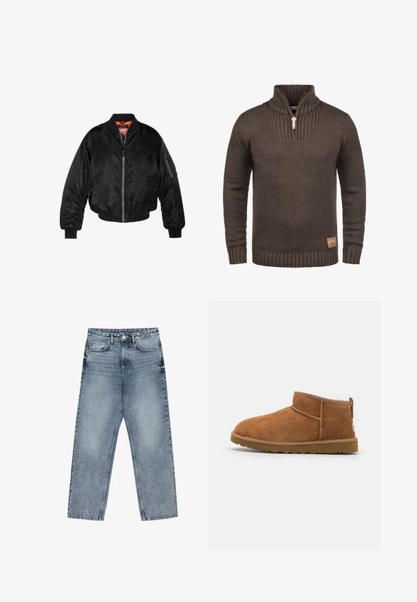 Svart bomberjacka i glänsande nylon med ribbad mudd, dragkedja fram och orange foder. Har en ficka med dragkedja på ärmen.; Brun stickad pullovertröja med ribbade muddar, hög ribbad krage med dragkedja fram och en liten läderlogg på fållen.; Ljust blå denimjeans med rak benform, synliga sömmar, fem fickor och en knappstängning i midjan.; Tan mockasinstövlar med rund tå, subtila sömnadsdetaljer och en texturerad gummisula. Kort höjd utan snörning.