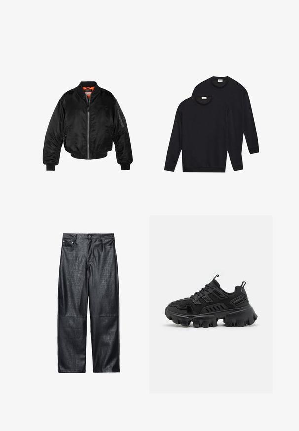 Czarna kurtka bombowiec wykonana z błyszczącego nylonowego materiału, z prążkowanymi mankietami, zamek z przodu i pomarańczową podszewką. Posiada kieszeń na zamku na rękawie.; Czarne bawełniane bluzy, z okrągłym dekoltem, długimi rękawami oraz ściągaczami na mankietach i dolnych krawędziach, prezentowane w ułożeniu w stos.; Czarne szerokie spodnie z faux skóry z teksturą krokodyla, tradycyjnym pięciokieszeniowym krojem oraz srebrnymi guzikami i nitami.; Czarny but sportowy z teksturowaną gumową podeszwą, warstwowymi elementami designu i wzmocnionymi akcentami. Posiada sznurówki i pętelkę z tyłu.