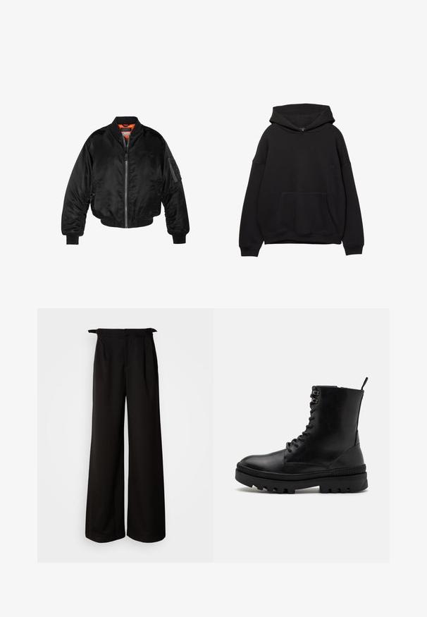 Svart bomberjacka i glänsande nylon med ribbad mudd, dragkedja fram och orange foder. Har en ficka med dragkedja på ärmen.; Svart hoodie i mjukt tyg, med en framficka, justerbar dragsko huva och ribbade ärmslut. Enkel design med minimal detaljer.; Svarta vida byxor med hög midja, prydda med veck och knytningar på sidorna, tillverkade av ett mjukt och strukturerat tyg.; Svarta läderankelstövlar med rund tå, snörning framtill och en kraftig gummisula med räfflade detaljer.