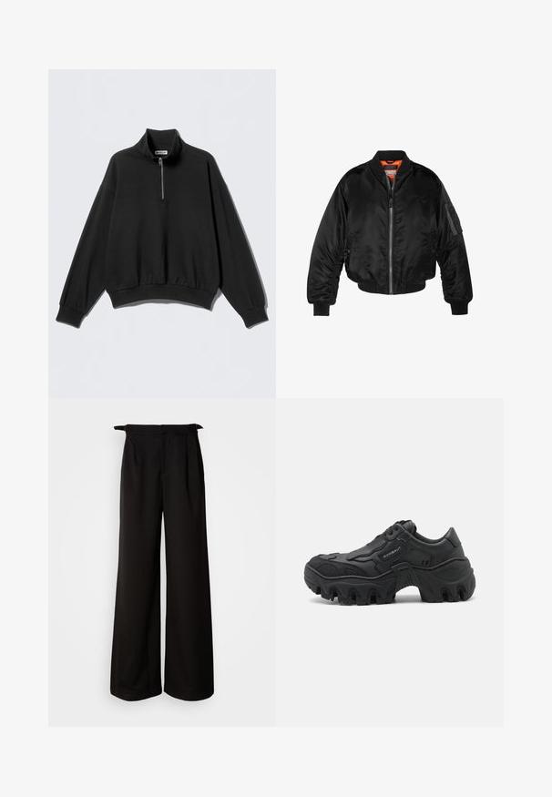 Zwarte bomberjack gemaakt van glanzende nylon stof met ribbelmanchetten, een ritssluiting aan de voorkant en een oranje voering. Bevat een ritssluiting zak op de mouw.; Zwarte sweatshirt met een hoge kraag en halve rits, met doorgezakte schouders en geribde zoom. Gemaakt van zachte, gestructureerde stof.; Zwarte wijde broek met hoge taille, voorzien van plooien en strikaccenten aan de zijkanten, gemaakt van een gladde, gestructureerde stof.; Zwarte chunky sneaker met dikke lug-zool, gestructureerde zij-overlay, vetersluiting aan de voorkant en mernaam "ROMBAUT" op het zijpaneel.