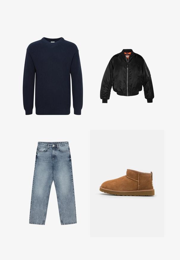 Musta pommittaja-takki, joka on valmistettu kiiltävästä nailonista, ribbettyistä hihansuista, vetoketjukiinnityksestä ja oranssista vuorauksesta. Takissa on vetoketjullinen tasku hihassa.; Ribattuneiskon sininen neulepaita, jossa on pyöreä kaula-aukko, pitkät hihat ja ribbitekstuuri. Paidassa on suora helma, eikä siinä ole näkyviä logoja tai kuvioita.; Vaaleansiniset farkut, joissa on suora lahje, näkyvät tikkaus, viisi taskua ja napin suljenta vyötäröllä.; Vaaleanruskeat mokkasaappaat nilkkapituiset, joissa on pyöristetty kärki, hienovaraiset ommeltydet ja teksturoitu kumipohja. Lyhyt malli ilman nauhoja.