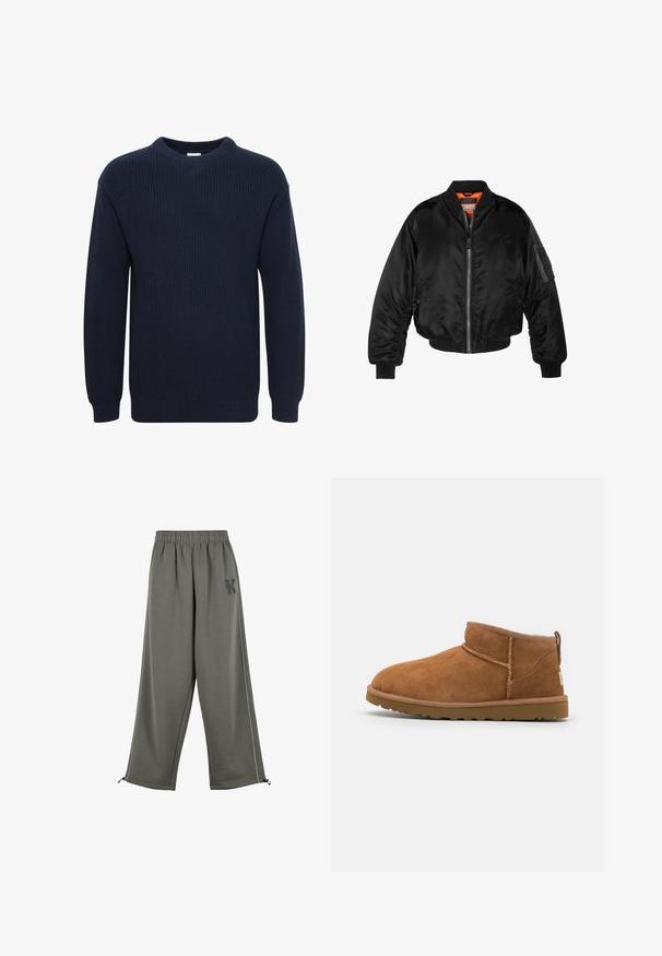 Černá bomber bunda vyrobená z lesklého nylonového materiálu s žebrovanými manžetami, zapínáním na zip a oranžovou podšívkou. Obsahuje zipovou kapsu na rukávu.; Námořnický modrý pletený svetr s kulatým výstřihem, dlouhými rukávy a žebrovanou strukturou, s rovým lemem a bez viditelných log nebo vzorů.; Karl Kani KK OS SIDESTRIPE - Kalhoty - grey; Světlé semišové kotníkové boty s kulatou špičkou, jemnými švy a texturovanou gumovou podrážkou. Krátká výška bez šněrování.