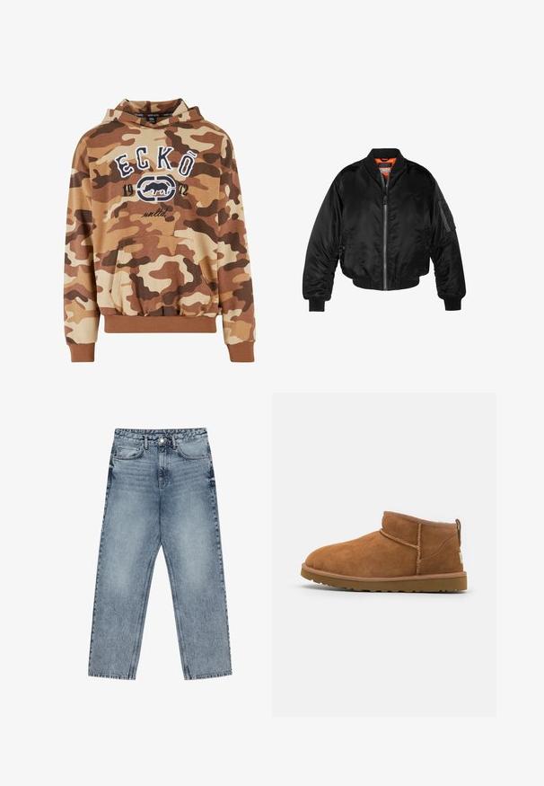 Giubbotto bomber nero realizzato in nylon lucido, con polsini a costine, chiusura con zip frontale e fodera arancione. Presenta una tasca con zip sulla manica.; Felpa con cappuccio mimetica marrone, dotata di tasca frontale, polsini ed orlo elasticizzati. Presenta il testo grafico bianco "ECKŌ 1972" e un design del logo. Tessuto morbido.; Jeans in denim azzurro chiaro con taglio a gamba dritta, cuciture visibili, design a cinque tasche e chiusura a bottoni in vita.; Stivaletto in camoscio color tan con punta rotonda, dettagli di cucitura discreti e suola in gomma texture. Altezza ridotta senza lacci.