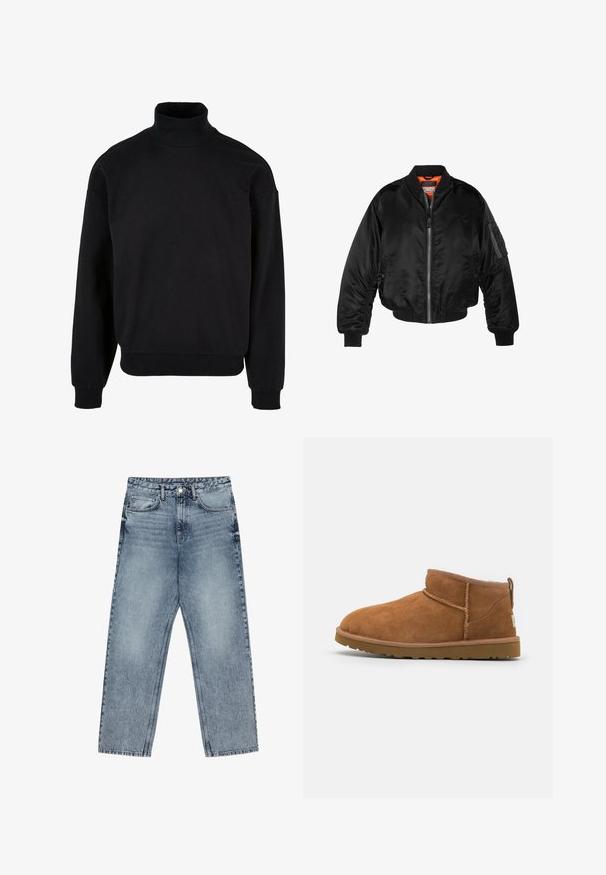 Must noirist bomber-jakk, mis on valmistatud läikivast nailonist kangast, ribikätistega, lukk ees ja oranž vooder. Omab lukuga taskut varruka peal.; Must värviline turtleneck-sweatshirt, millel on mugav lõige, pikad varrukad ja soonikkoes mansetid. Valmistatud pehmest, tekstuuriga kangast.; Heledad sinine teksad sirge lõikega, nähtavate õmblustega, viie taskuga disain ja nupuga kinnitamine vööl.; Kerged suede pahklipüne, ümarate varvastega, delikaatsed õmblustead ja tekstureeritud kummist tald. Lühike kõrgus ilma paeltega.