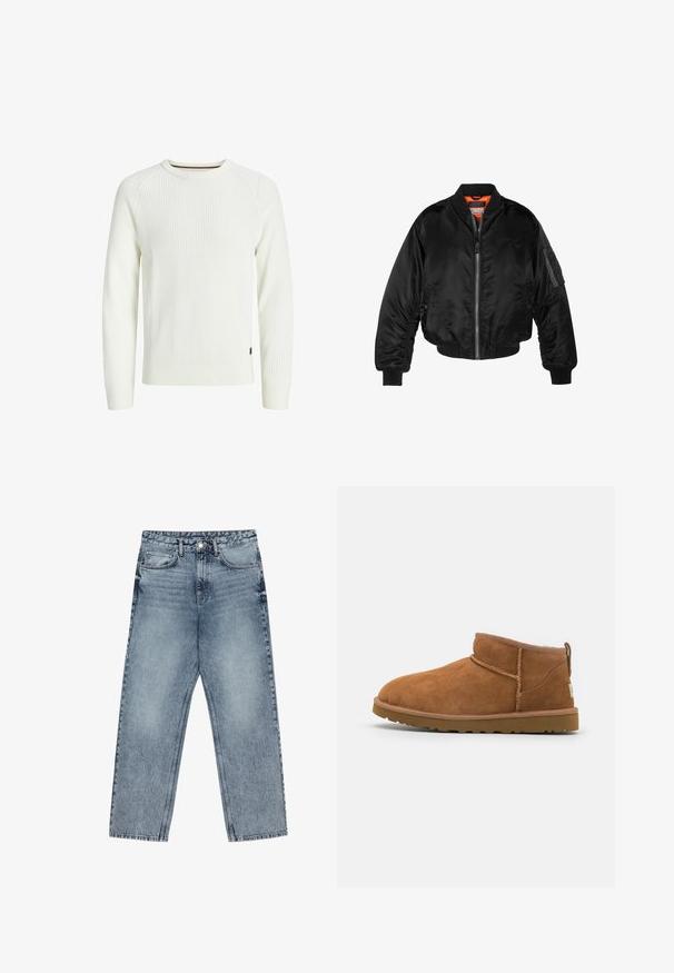 Chaqueta bomber negra hecha de tejido de nailon brillante con puños de canalé, cierre de cremallera en el frente y un forro naranja. Cuenta con un bolsillo con cremallera en la manga.; Suéter blanco de punto acanalado con mangas largas, cuello redondo y una pequeña etiqueta con el logo en un lado. La tela texturizada añade interés visual.; Jeans de mezclilla azul claro con corte recto, costuras visibles, diseño de cinco bolsillos y cierre de botón en la cintura.; Bota de tobillo de ante de color marrón claro con punta redondeada, detalles de costura sutiles y una suela de goma texturizada. Altura corta sin cordones.