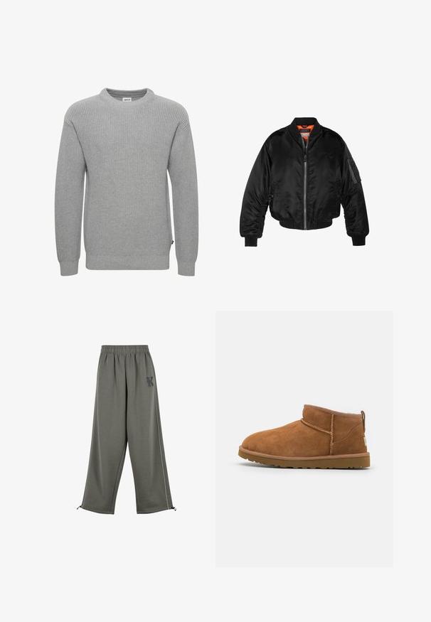 Zwarte bomberjack gemaakt van glanzende nylon stof met ribbelmanchetten, een ritssluiting aan de voorkant en een oranje voering. Bevat een ritssluiting zak op de mouw.; Grijze gebreide trui met een ronde halslijn, lange mouwen, geribbelde manchetten en zoom. De stof is chunky en heeft een textuur. Klein label aan de zijkant.; Karl Kani KK OS SIDESTRIPE - Broek - grey; Tan suède enkellaars met een ronde neus, subtiele stiksels en een gestructureerde rubberen zool. Korte hoogte zonder veters.