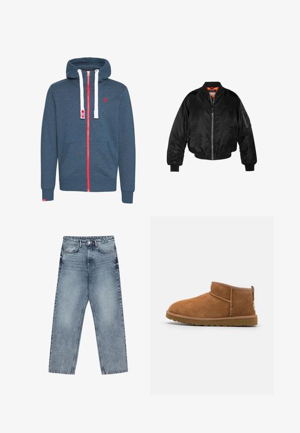 Zwarte bomberjack gemaakt van glanzende nylon stof met ribbelmanchetten, een ritssluiting aan de voorkant en een oranje voering. Bevat een ritssluiting zak op de mouw.; Blauwe hoodie met een volledige rode rits, witte trekkoorden en een rood logo. Heeft een kangoeroezak en geribbelde manchetten. Soepele, zachte stoftextuur.; Lichtblauwe denim jeans met een rechte pijp, zichtbare stiksels, vijf zakken en een knoopsluiting in de taille.; Tan suède enkellaars met een ronde neus, subtiele stiksels en een gestructureerde rubberen zool. Korte hoogte zonder veters.