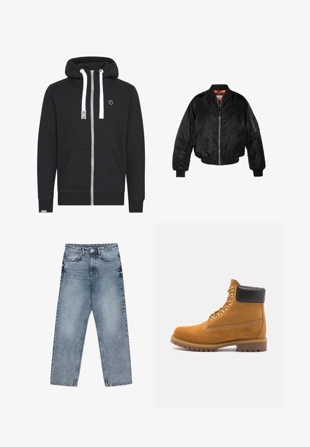 Schwarze Bomberjacke aus glänzendem Nylonstoff mit gerippten Bündchen, durchgehendem Reißverschluss und orangefarbenem Futter. Verfügt über eine Reißverschlusstasche am Ärmel.; Schwarze Zip-Hoodie aus Baumwollmischung. Mit silbernem Reißverschluss, weißen Kordeln, Vorderseiten-Taschen und einem Logo-Patch auf der Brust.; Hellblaue Jeans aus Denim mit geradem Schnitt, sichtbaren Nähten, fünf Taschen-Design und einem Knopfverschluss an der Taille.; Beige Wildleder-Ankle-Boot mit schwarzem gepolstertem Kragen, goldenen Metallösen, weißen Nähdetalben und einer robusten Gummisohle mit ausgeprägtem Profil.