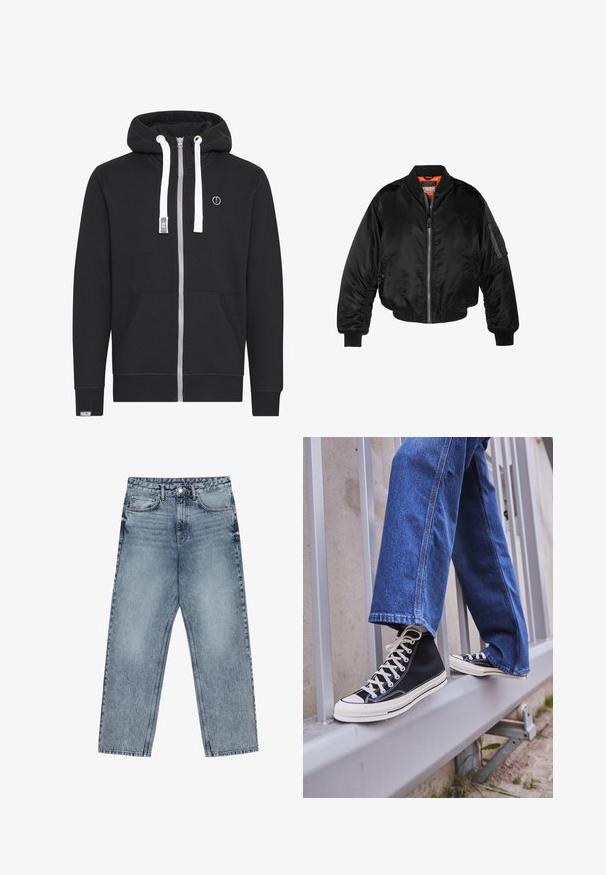 Black bomber jacket made of shiny nylon fabric with ribbed cuffs, a zip front, and an orange lining. Features a zip pocket on the sleeve.; Black zip-up hoodie made of cotton blend. Features a silver zipper, white drawstrings, front pockets, and a logo patch on the chest.; Light blue denim jeans with a straight leg cut, visible stitching, five pocket design, and a button closure at the waist.; Black high-top sneakers with white sole and laces, paired with loose blue denim jeans, resting on a gray railing.