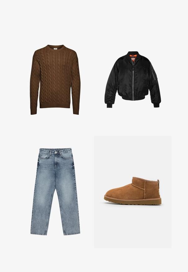 Crna bomberska jakna izrađena od sjajnog najlonskog materijala s rebrastim manžetama, prednjim zatvaračem i narančastim podstavom. Ima zip džep na rukavu.; Smeđi džemper od pletene tkanine s okruglim izrezom, rebrastim manžetama i donjim rubom. Ima okomite teksturirane uzorke kroz cijeli dio. Izrađen od mekog materijala.; Svijetloplave traperice ravnog kroja, vidljivo šivanje, dizajn s pet džepova i kopčanje na gumbu u struku.; Tamnasti antilop čizme do gležnja s zaobljenim vrhom, suptilnim detaljima šivanja i teksturiranom gumom potplatom. Niska visina bez pertli.