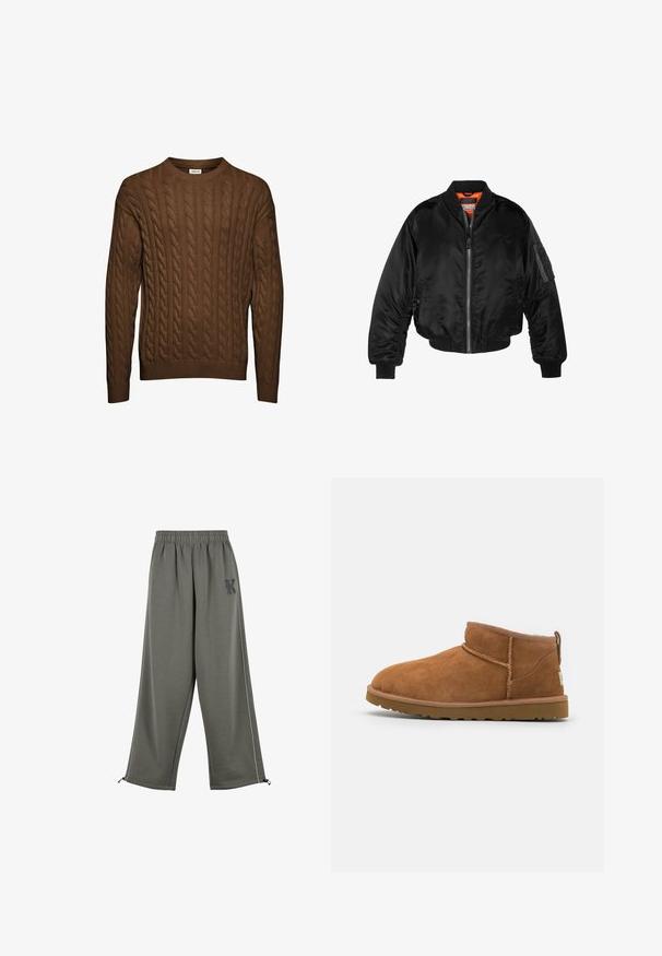 Schwarze Bomberjacke aus glänzendem Nylonstoff mit gerippten Bündchen, durchgehendem Reißverschluss und orangefarbenem Futter. Verfügt über eine Reißverschlusstasche am Ärmel.; Braun gestrickter Pullover mit Rundhalsausschnitt, Rippbündchen und Saum. Verfügt über vertikale Texturmuster. Hergestellt aus weichem Material.; Karl Kani KK OS SIDESTRIPE - Stoffhose - grey; Hellbraune Wildleder-Stiefelette mit runder Zehenform, dezenten Nähdetails und einer strukturierten Gummisohle. Kurze Höhe ohne Schnürsenkel.
