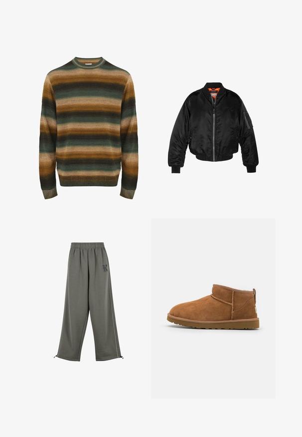 Fekete bomberdzseki fényes nylonból, bordás mandzsettákkal, cipzáros elülső résszel és narancssárga béléssel. Ujján cipzáras zseb található.; Csíkos pulóver zöld, barna és bézs árnyalataiban. Bordás textúrájú, kerek nyakú, hosszú ujjakra és szűkített aljára jellemző.; Karl Kani KK OS SIDESTRIPE - Nadrágok - grey; Barna suéd bőrcipő, lekerekített orral, diszkrét varrásokkal és texturált gumitalppal. Rövid magasságú, fűző nélkül.