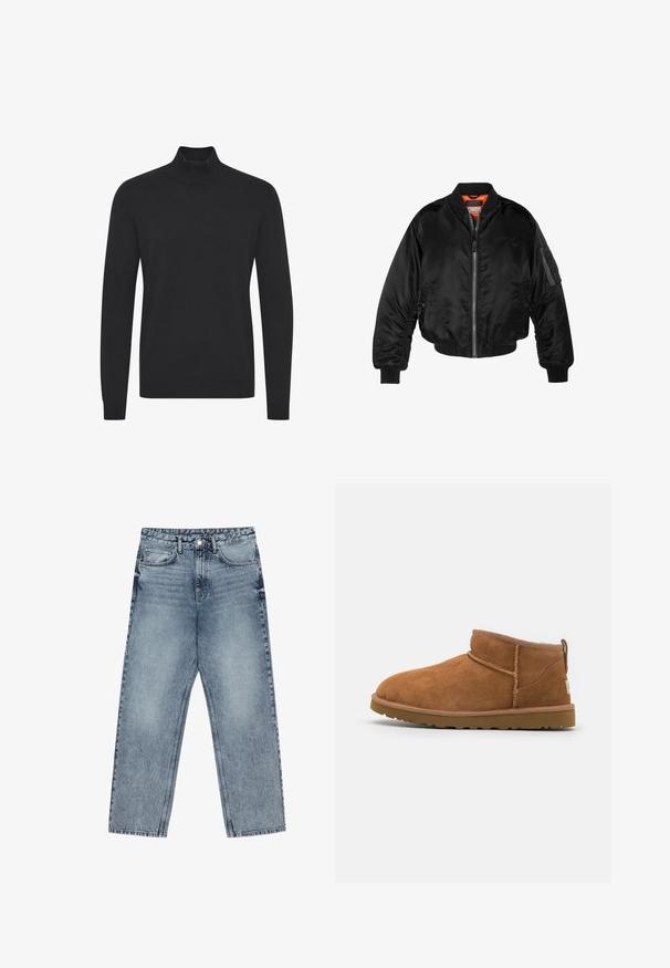 Chaqueta bomber negra hecha de tejido de nailon brillante con puños de canalé, cierre de cremallera en el frente y un forro naranja. Cuenta con un bolsillo con cremallera en la manga.; Suéter negro de cuello alto hecho de tejido suave, con mangas largas y puños y dobladillo de canalé. Diseño simple y sin adornos.; Jeans de mezclilla azul claro con corte recto, costuras visibles, diseño de cinco bolsillos y cierre de botón en la cintura.; Bota de tobillo de ante de color marrón claro con punta redondeada, detalles de costura sutiles y una suela de goma texturizada. Altura corta sin cordones.