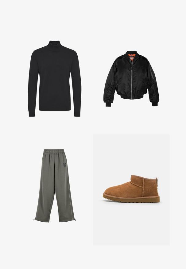 Czarna kurtka bombowiec wykonana z błyszczącego nylonowego materiału, z prążkowanymi mankietami, zamek z przodu i pomarańczową podszewką. Posiada kieszeń na zamku na rękawie.; Czarny sweter z golfem wykonany z gładkiego materiału, z długimi rękawami oraz prążkowanymi mankietami i dołem. Prosty, nieozdobiony design.; Karl Kani SIDESTRIPE jasnozielony melanż; Beżowe zamszowe botki za kostkę z okrągłym noskiem, subtelnymi detalami przeszyć oraz teksturowaną gumową podeszwą. Niskie, bez sznurówek.
