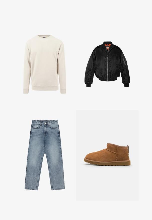 Melna bomber jaka, izgatavota no spīdīgas neilona auduma, ar ribotām aprocēm, ar rāvējslēdzēju priekšā un oranžu odere. Iespēja ir rāvējslēdzēja kabata uz piedurknes.; Gaiši bežs džemperis, izgatavots no mīksta auduma, ar apaļu kaklu, garām piedurknēm un ribotām aprocēm pie piedurknēm un apakšmalas.; Gai zilu džinsu bikses ar taisnu kāju griezumu, redzamām šuvēm, piecu kabatu dizainu un pogu aizdari jostasvietā.; Bēša zamšas potītes zābaks ar noapaļotu purngalu, smalkiem diegu dekorējumiem un teksturētu gumijas zoli. Īsa augstuma bez auklām.