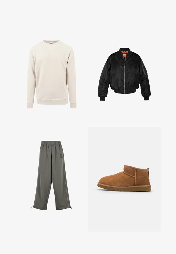 Black bomber jacket made of shiny nylon fabric with ribbed cuffs, a zip front, and an orange lining. Features a zip pocket on the sleeve.; Light beige sweatshirt made of soft fabric, featuring a round neck, long sleeves, and ribbed cuffs at the sleeves and hem.; Karl Kani KK OS SIDESTRIPE - Trousers - grey; Tan suede ankle boot with a rounded toe, subtle stitching details, and a textured rubber sole. Short height without laces.