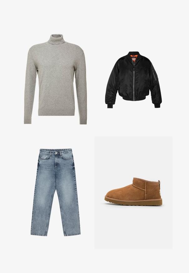 Čierna bomber bunda vyrobená z lesklého nylonového materiálu s rebrovými manžetami, predným zipsom a oranžovou podšívkou. Obsahuje zipsovú vrecko na rukáve.; Sivý pulóver s vysokým golierom a dlhými rukávmi. Vyrobený z hladkého, mäkkého materiálu s priliehavým strihom a rebrovanými akcentmi na leme.; Svetlomodré džíny s rovnými nohavicami, viditeľným prešívaním, dizajnom s piatimi vreckami a zapínaním na gombík v oblasti pása.; Svetlohnedé semišové kotníkové boty s kulatou špičkou, jemnými stehy a texturovanou gumovou podrážkou. Krátká výška bez šněrování.