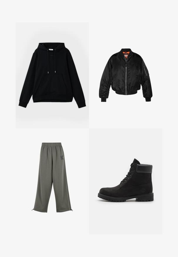 Giubbotto bomber nero realizzato in nylon lucido, con polsini a costine, chiusura con zip frontale e fodera arancione. Presenta una tasca con zip sulla manica.; Felpa nera con cappuccio in cotone. Dotata di una tasca frontale, cordini regolabili, polsini a coste e una vestibilità comoda. Logo testuale sul petto.; Karl Kani KK OS SIDESTRIPE - Pantaloni - grey; Stivale alla caviglia nero con lacci, colletto imbottito e suola robusta, mostrato in profilo su uno sfondo bianco.