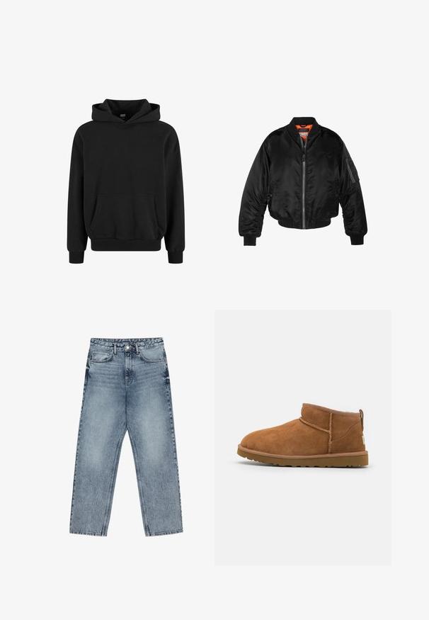 Melna bomber jaka, izgatavota no spīdīgas neilona auduma, ar ribotām aprocēm, ar rāvējslēdzēju priekšā un oranžu odere. Iespēja ir rāvējslēdzēja kabata uz piedurknes.; Melns kapucis ar kanguru kabatu, plašām piedurknēm un ribotām maliņām un apakšmalu. Izgatavots no mīksta auduma ar gludu tekstūru.; Gai zilu džinsu bikses ar taisnu kāju griezumu, redzamām šuvēm, piecu kabatu dizainu un pogu aizdari jostasvietā.; Bēša zamšas potītes zābaks ar noapaļotu purngalu, smalkiem diegu dekorējumiem un teksturētu gumijas zoli. Īsa augstuma bez auklām.