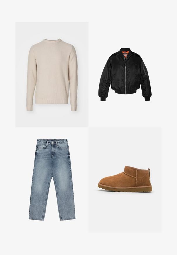 Schwarze Bomberjacke aus glänzendem Nylonstoff mit gerippten Bündchen, durchgehendem Reißverschluss und orangefarbenem Futter. Verfügt über eine Reißverschlusstasche am Ärmel.; Strickpullover in Hellbeige mit strukturiertem Muster, rundem Ausschnitt, gerippten Bündchen und Saum, aus einem weichen, warmen Material gefertigt.; Hellblaue Jeans aus Denim mit geradem Schnitt, sichtbaren Nähten, fünf Taschen-Design und einem Knopfverschluss an der Taille.; Hellbraune Wildleder-Stiefelette mit runder Zehenform, dezenten Nähdetails und einer strukturierten Gummisohle. Kurze Höhe ohne Schnürsenkel.