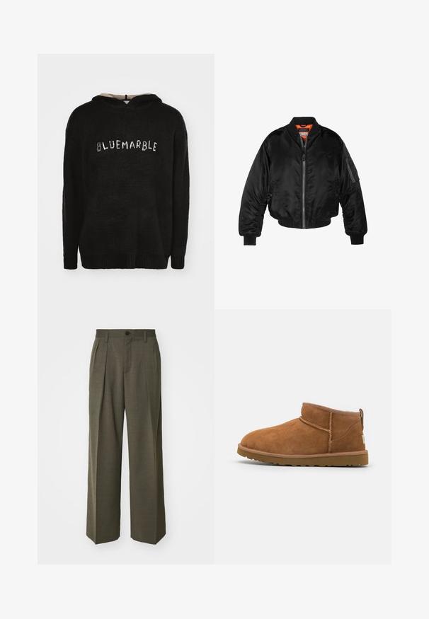 Must noirist bomber-jakk, mis on valmistatud läikivast nailonist kangast, ribikätistega, lukk ees ja oranž vooder. Omab lukuga taskut varruka peal.; Mustatoon kapuutsiga dressipluus, mis on valmistatud tekstureeritud kangast ja millel on soonikserv. Ees on kontrastses materjalis "BLUEMARBLE" tekst.; Filippa K WIDE TROUSERS - Püksid - driftwood; Kerged suede pahklipüne, ümarate varvastega, delikaatsed õmblustead ja tekstureeritud kummist tald. Lühike kõrgus ilma paeltega.