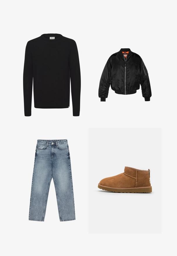 Black bomber jacket made of shiny nylon fabric with ribbed cuffs, a zip front, and an orange lining. Features a zip pocket on the sleeve.; Black knitted sweater with a crew neckline, long sleeves, and ribbed cuffs. Soft texture with a straight hem and a small logo accent.; Light blue denim jeans with a straight leg cut, visible stitching, five pocket design, and a button closure at the waist.; Tan suede ankle boot with a rounded toe, subtle stitching details, and a textured rubber sole. Short height without laces.
