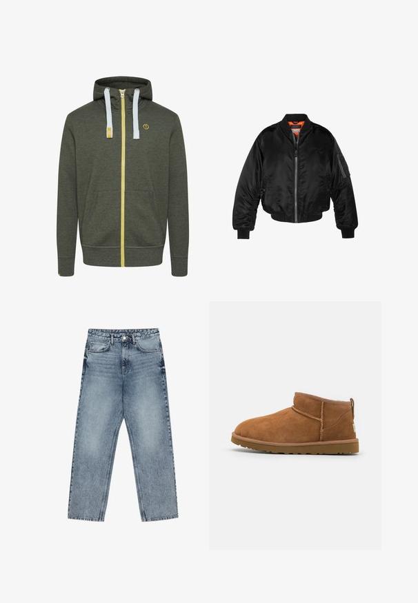 Giubbotto bomber nero realizzato in nylon lucido, con polsini a costine, chiusura con zip frontale e fodera arancione. Presenta una tasca con zip sulla manica.; Felpa con zip verde scuro, dotata di una cerniera gialla e lacci blu. Presenta tasche frontali e un dettaglio con logo. Tessuto morbido.; Jeans in denim azzurro chiaro con taglio a gamba dritta, cuciture visibili, design a cinque tasche e chiusura a bottoni in vita.; Stivaletto in camoscio color tan con punta rotonda, dettagli di cucitura discreti e suola in gomma texture. Altezza ridotta senza lacci.