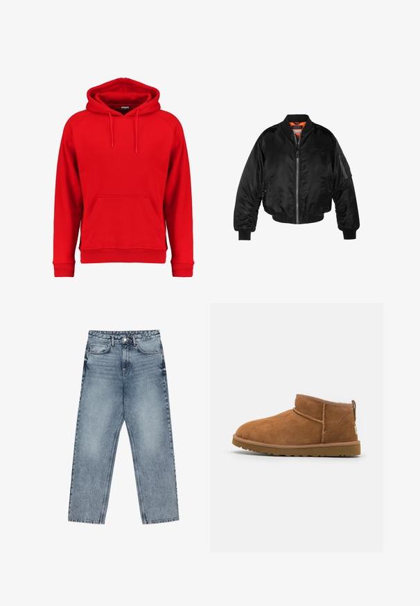 Schwarze Bomberjacke aus glänzendem Nylonstoff mit gerippten Bündchen, durchgehendem Reißverschluss und orangefarbenem Futter. Verfügt über eine Reißverschlusstasche am Ärmel.; Roter Hoodie aus weichem Material, ausgestattet mit einer Fronttasche, einer Kordelzugkapuze und gerippten Bündchen sowie Saum. Einfaches Design ohne sichtbare Logos.; Hellblaue Jeans aus Denim mit geradem Schnitt, sichtbaren Nähten, fünf Taschen-Design und einem Knopfverschluss an der Taille.; Hellbraune Wildleder-Stiefelette mit runder Zehenform, dezenten Nähdetails und einer strukturierten Gummisohle. Kurze Höhe ohne Schnürsenkel.