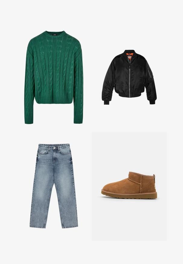 Jachetă bomber neagră dintr-un material nylon lucios, cu manșete ribbed, deschidere cu fermoar și căptușeală portocalie. Prezintă o buzunare cu fermoar pe mânecă.; Pulover verde din tricotaje cu model împletit, cu guler rotund și mâneci lungi. Prezintă un design scurt și un model texturat pe toată suprafața.; Jeans din denim de culoare albastru deschis, cu croială dreaptă, cusături vizibile, design cu cinci buzunare și închidere cu nasture la talie.; Botină antrenașă din suede bej, cu vârf rotund, detalii subtile de cusătură și o talpă din cauciuc texturată. Înălțime scurtă fără șireturi.