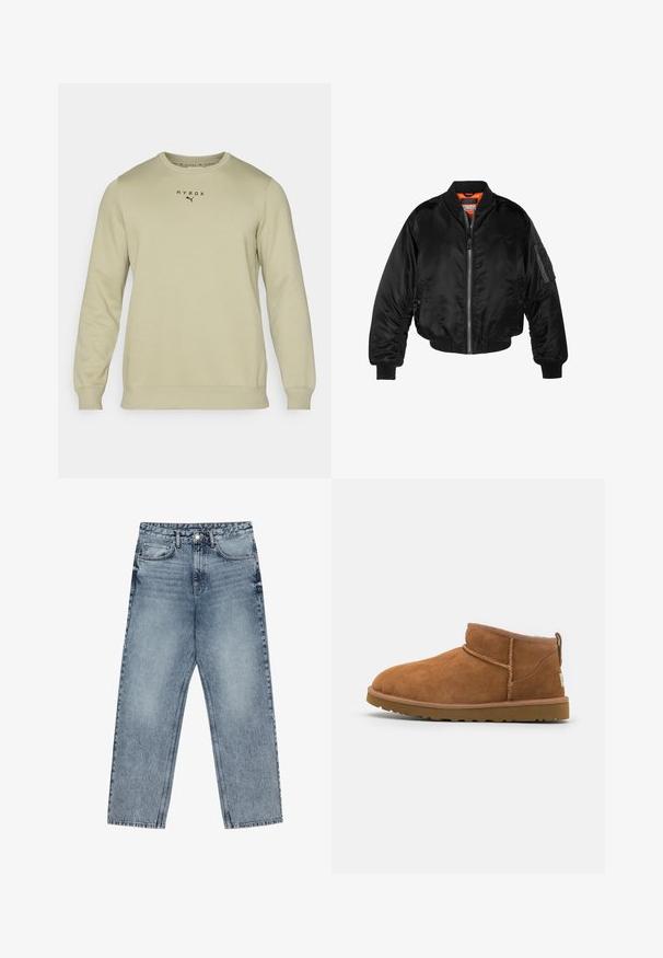 Melna bomber jaka, izgatavota no spīdīgas neilona auduma, ar ribotām aprocēm, ar rāvējslēdzēju priekšā un oranžu odere. Iespēja ir rāvējslēdzēja kabata uz piedurknes.; Gaiši zaļš džemperis ar garām piedurknēm, apaļu kakla izgriezumu un ribotām aprocēm. Krūšu daļā ir melnās krāsas uzraksts "HYROX" un Puma logo. Gluda tekstūra.; Gai zilu džinsu bikses ar taisnu kāju griezumu, redzamām šuvēm, piecu kabatu dizainu un pogu aizdari jostasvietā.; Bēša zamšas potītes zābaks ar noapaļotu purngalu, smalkiem diegu dekorējumiem un teksturētu gumijas zoli. Īsa augstuma bez auklām.